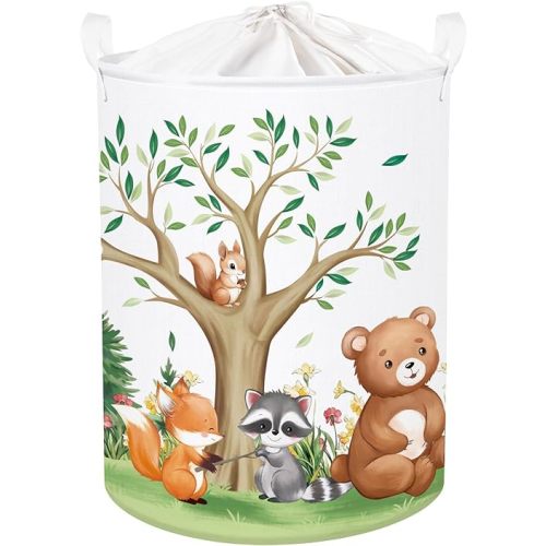 Forest Animals Tree Baby Laundry Hamper Collapsible Clothes Kids Storage Basket Large Boys Girls Gift Toy Box Bin for Nursery Room, Bear, 63L