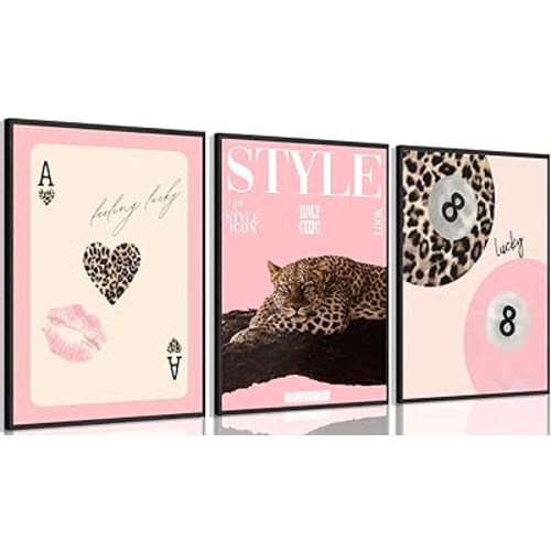 3Pcs Trendy Pink Leopard Wall Art Preppy Leopard Lucky 8 Ball Posters Printings Y2k Coquette Funky Cheetah Aesthetic Room Wall Decor for College Apartment Girls Bedroom Home Decoration 12x16in