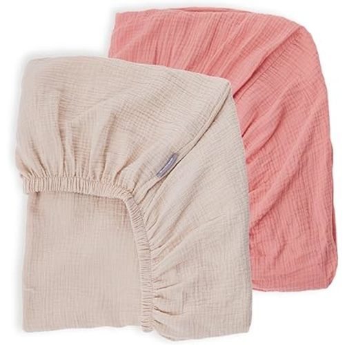 Breathable Crib Sheets for Toddler Bed Mattresses 100% Muslin Cotton Crib Sheets Fitted Boys Girls 2 Pack Soft and Comfortable Boho Bedding for Baby Neutral (Orange Pink&New Camel)