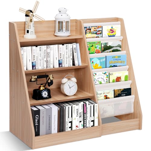 Lynxor 4 Tier Wooden Kids Bookshelf, 5 Layer Sling Toddler Bookcase, Book and Toy Organizer Cabinet, Montessori Baby Bookshelf for Home, Nursery, Playroom, Bedroom, Kindergarten, Wood
