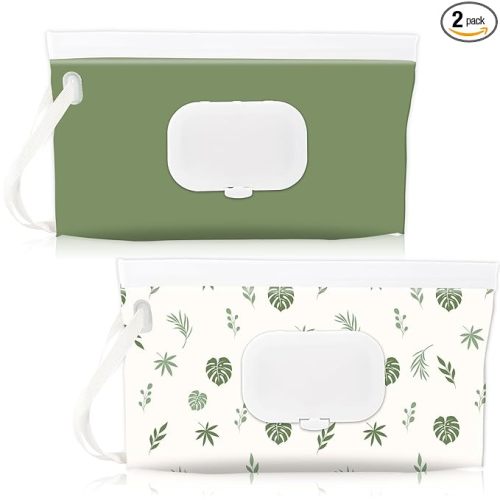 FEBSNOW 2 Pack Baby Wipes Dispenser Holder, Portable Refillable Baby Wet Wipes Pouch Container Reusable Travel Case for Outdoor Hiking, Green Leaves
