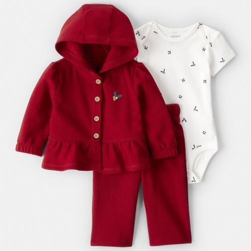 Baby Girl Carter's 3-pc. Fleece Floral Hooded Cardigan, Bodysuit & Pant Set