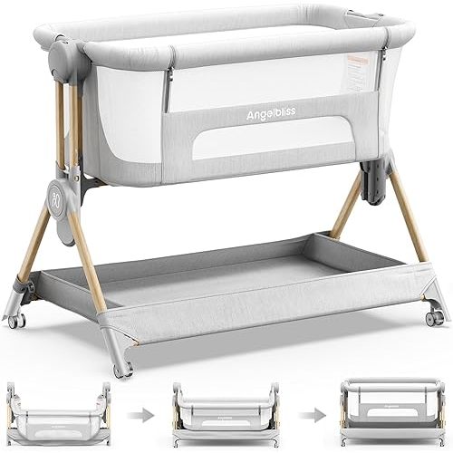 ANGELBLISS Baby Bassinet, 3-in-1 Bedside Bassinet for Baby, One-Touch Foldable Baby Crib for Newborn with Full-Mesh Sides & Adjustable Height, Mattress & Storage Bag