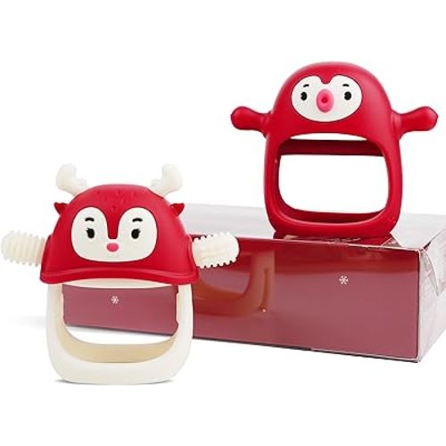 Baby Christmas Stocking Stuffers-Smily Mia Penguin Buddy and Reindeer 2 in 1 Christmas Gift/Toy Set for 0-12 Months Teething Babies, Teeting Mittens For Babies, Infant Christmas Gift Box-Christmas Red