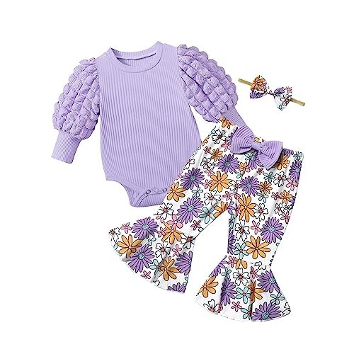 NAPU Baby Girl Clothes Long Sleeve Romper 3Pcs Baby Girl Outfits Flare Pants Set with Headband Fall Baby Girl Winter Clothes
