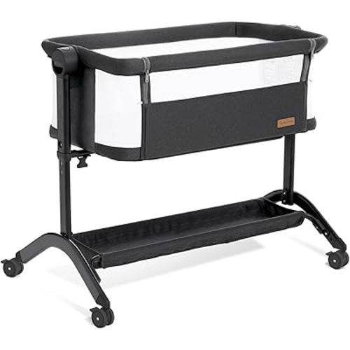 Bassinet Bedside Sleeper - All-Mesh Design, Portable Bedside Bassinet for Baby with Washable Mattress, 5 Adjustable Heights (Black)