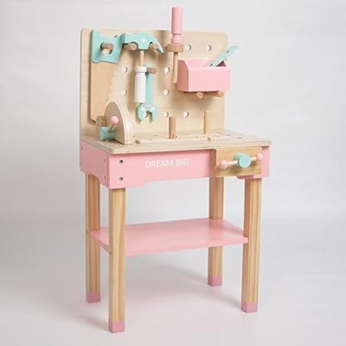 Wooden Work Bench & Tool Set & Accessories for Pretend Building Little Builder Play Montessori Contruction, with Hammer, Saw, Wrench, Screw Driver, vice Toy Workbench Pink Version