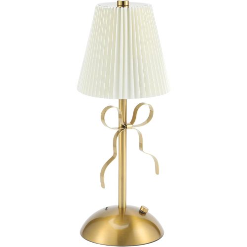 Cordless Table Lamp,Small Desk Lamp with 3 Color,Touch Dimmable Bedsdie Lamps,Bow Lamp with Fabric Shade,LED Night Light for Girls Room Princess Room Decor(Gold)