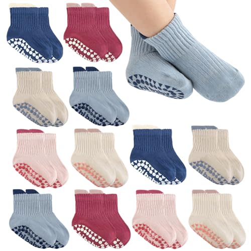 MKYSZLT 12 Pairs Baby Socks with Grips Non Slip Cute Cotton Ankle Crew Grippy Socks for Newborn Infant Toddler Girl Boy Kids