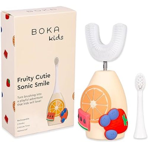 Boka Kids Sonic Electric Toothbrush - Rechargeable Sonic Powered Toothbrush - Food Grade Silicone Bristles for Deep Cleaning - Dentist Recommended Oral Care - U Brush and Nylon Brush Set