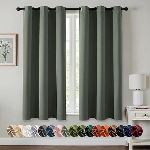 MIULEE Dark Mallard Blackout Curtains for Bedroom Living Room 63 Inches Long 2 Panels, Thermal Insulated Room Darkening Drapes Solid Grommet Noise Reduction Light Blocking Window Treatments 40x63 Inch