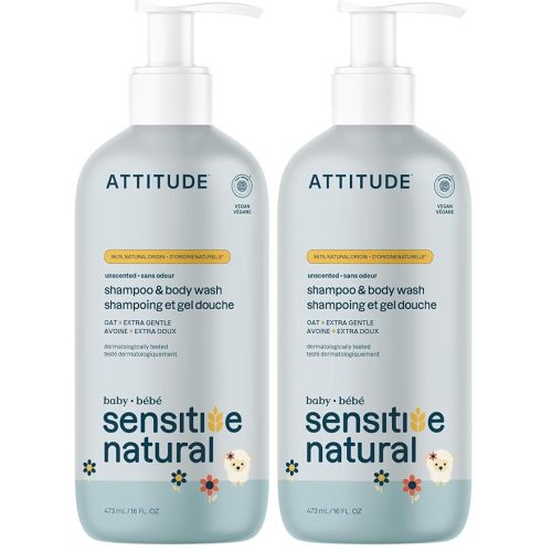 ATTITUDE 2-in-1 Shampoo and Body Wash for Baby,EWG Verified,Plant- and Mineral-Based Ingredients,Vegan-and Cruelty-Free Products for Sensitive Skin,Unscented,16 Fl Oz,(Pack of 2)