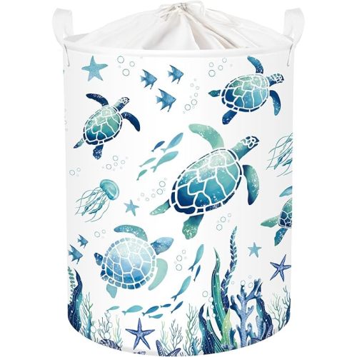 Sea Animals Laundry Hamper Ocean Fish Coral Large Storage Basket Parents Organizer Kids Clothes Toy Bins for Bedroom, Bathroom, Blue Turtles, 63L