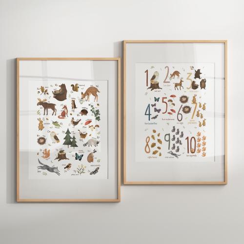 Woodland Nursery Prints Set of 2 or 3, Educational Alphabet and Numbers Posters Bundle with Forest Animals, Montessori Wall Art