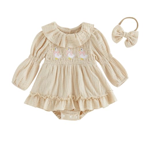 Christmas Baby Girl Clothes Newborn Cotton Linen Romper Dress | Baby Girl Xmas Outfit Infant Santa Claus/Christmas Tree Long Sleeve Ruffled Bubble Romper Dress and Headband 2 Pcs Set 0-18M