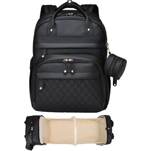 Leather Diaper Bags with Changing Station，Baby Bag，Large Capacity Diaper Bag Backpack for Moms Dads,Waterproof Diaper Backpack（Black）