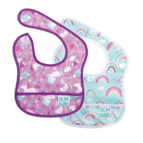Bumkins Bibs, for Baby Girl or Boy, Infant 3-9 Mos, Essential Must Have for Eating, Feeding, Baby Led Weaning, Mess Saving Waterproof Soft Fabric, Starter Bib 2-pk Unicorns, Rainbows Blue and Purple