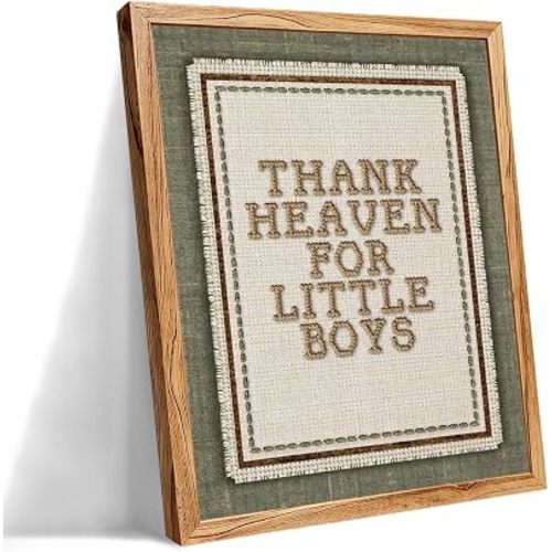 Framed Thank Heaven for Little Boys Wall Art 12x16 inch Toddler Boy Quotes Poster Modern Minimalist Canvas Prints For Vintage Kids Nursery Playroom Bedroom Wall Decor