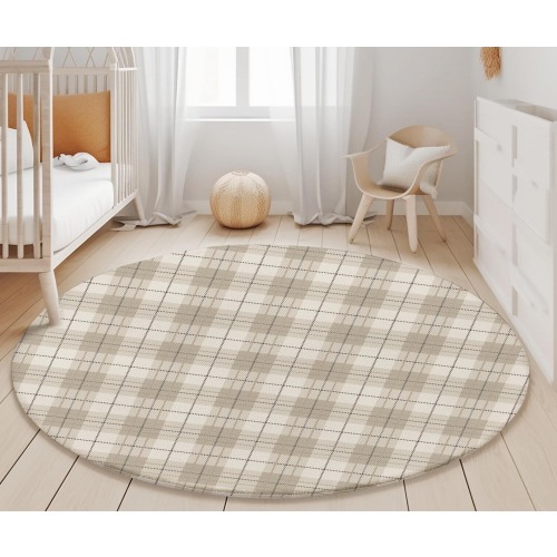 Round Plaid Area Rug: Neutral Beige Checkered Nursery Carpet