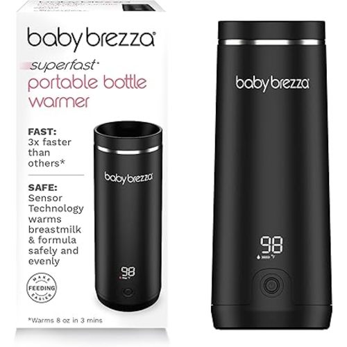 Baby Brezza Portable Warmer – 3X Faster Baby Bottle Warming - Travel Breastmilk and Formula Warmer - Safe, Even Heating - Up to 9oz - No Adapters, Black