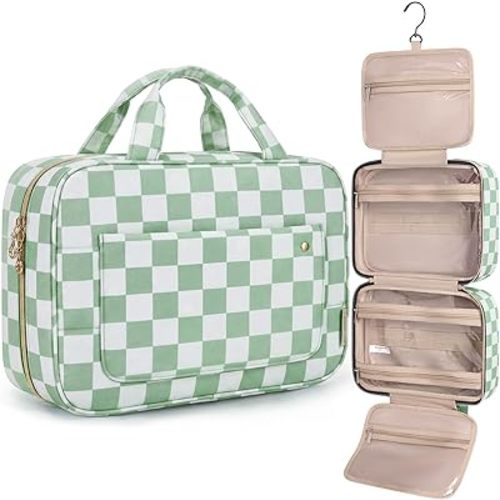 BAGSMART Toiletry Bag Travel Bag with Hanging Hook, Water-resistant Makeup Cosmetic Bag Travel Organizer for Accessories, Shampoo, Full-size Container, Toiletries (Green Checkerboard, Large)