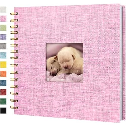 Scrapbook Photo Album Linen Cover, 10 x 10 Inch Hardcover Kraft White Pages Memory Book, for Travel Wedding Guest Book Christmas Baby Shower (40 Sheets/ 80 Pages,Pink)