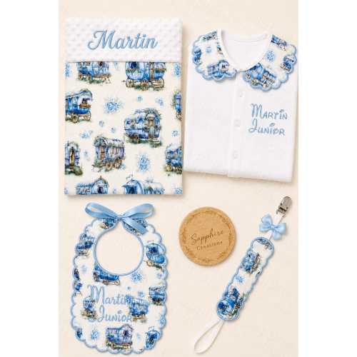 Gypsy Wagon - Sleepsuit Onesie Blanket Bib Dummy Clip Hospital Sets Coming Home Set Baby Boy's Personalised Embroidered Birth Announcement