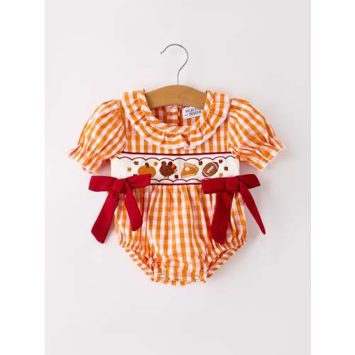 Turkey Fall Embroidered Romper for Baby Girls – Orange Checkered with – Rylee Faith Designs