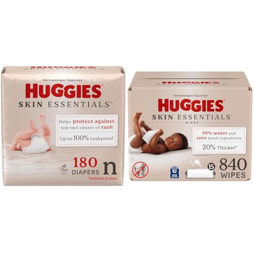 Huggies Skin Essentials Bundle: Huggies Skin Essentials Baby Diapers, Size Newborn (6-9 lbs), 180 Count & Baby Wipes, 15 Flip-Top Packs, 840 Count (15 Packs of 56)