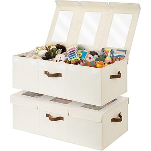 StorageWorks Large Toy Storage Bins with Lids, Collapsible Sturdy Toy Chests, Storage Chests with Dividers for Nursery, Living Room, Playroom, Bedroom, Beige, 2-Pack
