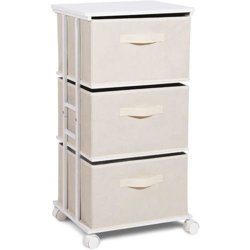 Dresser Tower with 3 Drawers for Bedroom, Fabric Storage Organizer Unit, Chest of Drawers with with WoodTop, Small Vertical Storage for Guest Room, Closet, Entryway(Beige)
