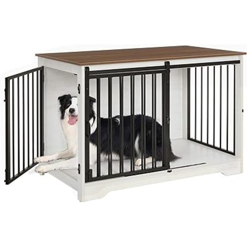 39.4" Heavy Duty Dog Crate Furniture with Barn Door, Wood Indoor Dog Crate Kennel for Small/Medium/Large Dogs, End Side Table, TV Stand, Anti-Chew Anti-Escape, White Brown DFC02314B