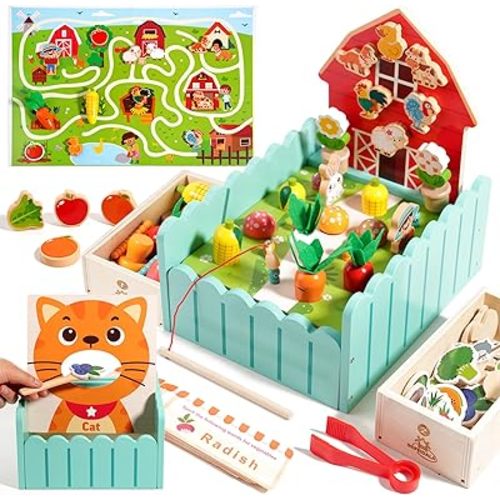 INIFEIDALA Montessori Farm Learning Game with Challenge Cards for Toddlers 3-5 – Wooden Activity Board for Fine Motor,Sorting & Letter Matching,Screen-Free Educational Toy