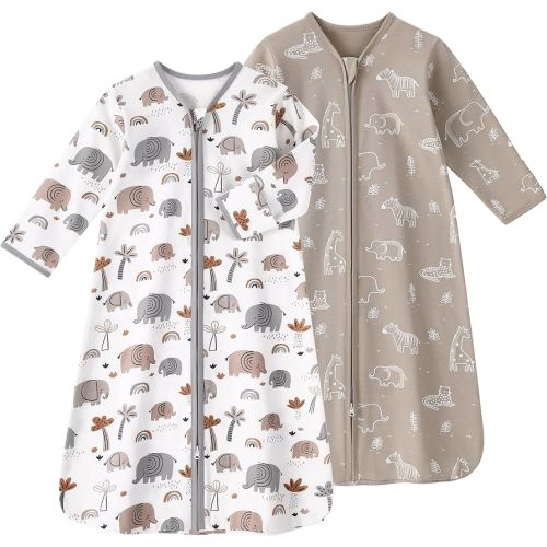 Baby Sleep Sack 12-18 Months, Long Sleeve Baby Wearable Blanket 0.5 Tog with Mittens, 2-Way Zipper Toddler Cotton Sleeping Sack for Boy and Girl Grey Elephant 2 Pack(Large)