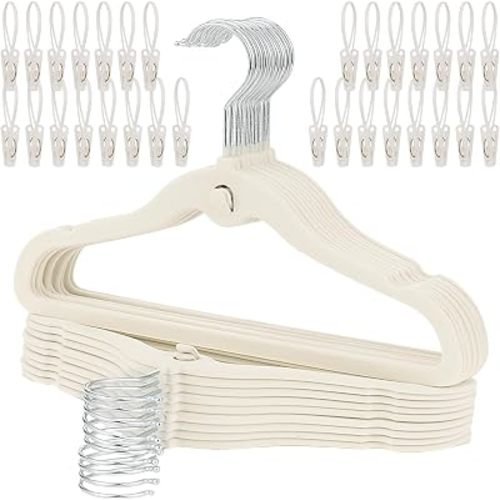 Kids Velvet Hanger 50 Pack, 11.8" Clothes Hanger with 30 Clips, Non-Slip Flocked Hangers, Space Saving Small Clothes Hangers for Closet, Coats, Pants, Dresses (Beige)