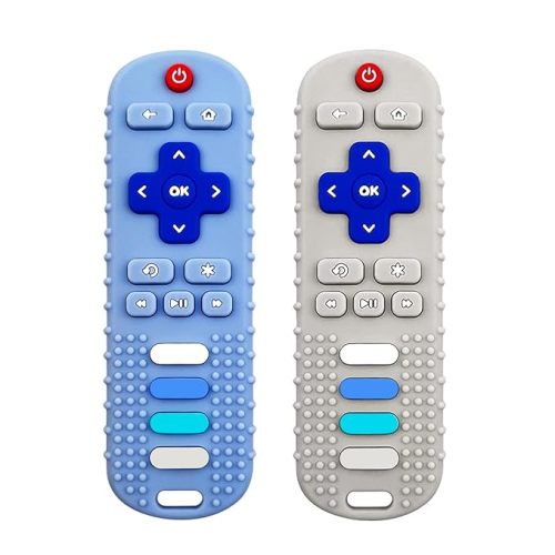 Baby Teething Toys, Food Grade Silicone Teether for Babies 3 6 12 18 Months, TV Remote Shape Toddlers Chew Toys, Freezer BPA Free (Blue+Beige)