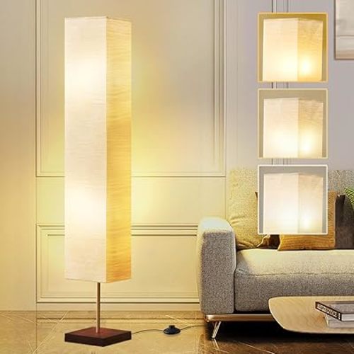 GyroVu Floor Lamp for Living Room, Color Temperature Adjustable Column Tall Lamp, Standing Lamp with Walnut Base Corner Floor Lamp for Bedroom, Office& Living Room-Beige(Bulbs Included)