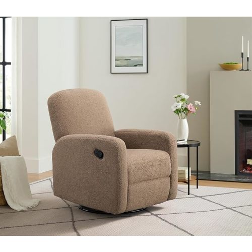 Oxford Baby Snuggly Glider Recliner Rocking Chair 360° Swivel for Nursery and Living Room - Boucle Teddy Brown, Green Guard Gold Certified