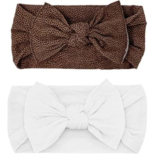 Baby Bling Bows - Newborn to Little Baby Girl Bows, 2PK PRINT SOLID KNOTS Nylon Super Soft Stretchy Toddler Headbands, Perfect Hair Accessories Head Bands for Infant Kids (Brown & White)