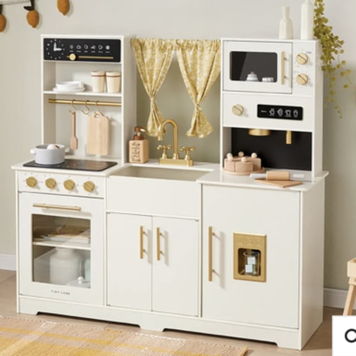 Tiny Land® Iconic Wooden Play Kitchen – Cream Pretend Cooking Set for Kids