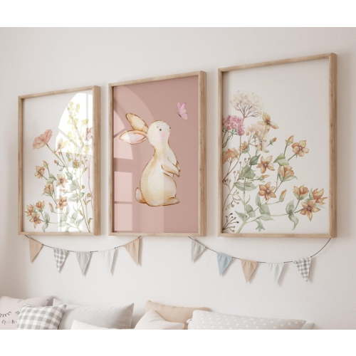 3 Pieces Pink Floral Canvas Art Print Wildflower Bunny Nursery Wall Art Painting for Girls Room Nursery Decor With Inner Frame