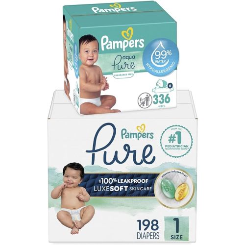 Pampers Pure Protection Disposable Baby Diapers Size 1, 198 Count with Aqua Pure Baby Wipes, 6X Pop-Top Packs (336 Count)