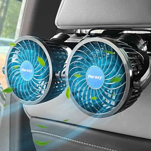 Poraxy Car Fan, Dual Head Car Fans for Backseat for Kids, Headrest 360 Degree Rotatable Back Seat Stepless Speed Vehicles Rear Seat 12V Cooling Air Fan for Sedan SUV RV