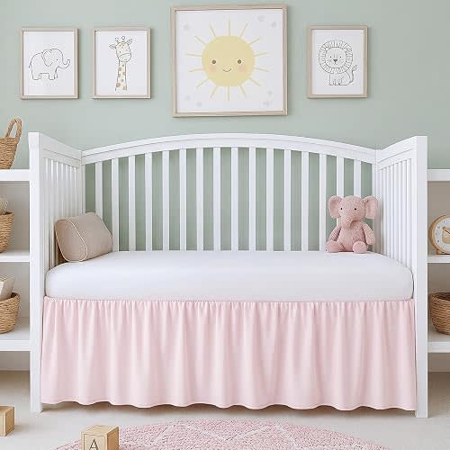 Gilprop 1 Pcs Pink Crib Skirt Linen Cotton Blend Dust Ruffle Crib Bed Skirt, 52" x 28" x 14.5" Drop Soft Breathable Nursery Bed Skirts for Baby Girls Toddler Beds Nursery Room Decor