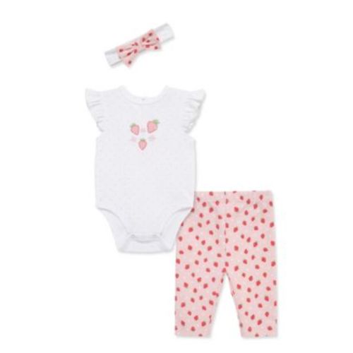 Baby Girls' Strawberry Printed Bodysuit, Leggings and Headband, 3-Piece Set