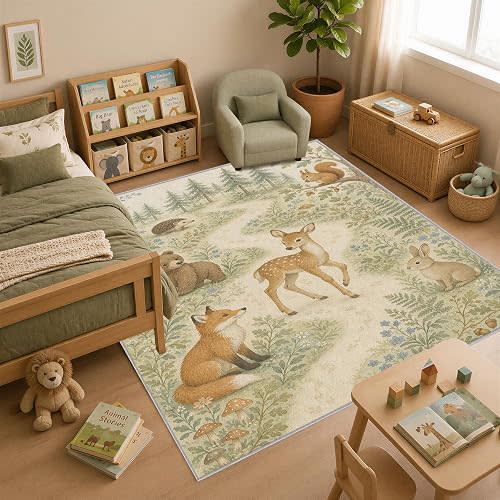 Woodland Animal Nursery Area Rug 6x9, Washable Kids Room Rug