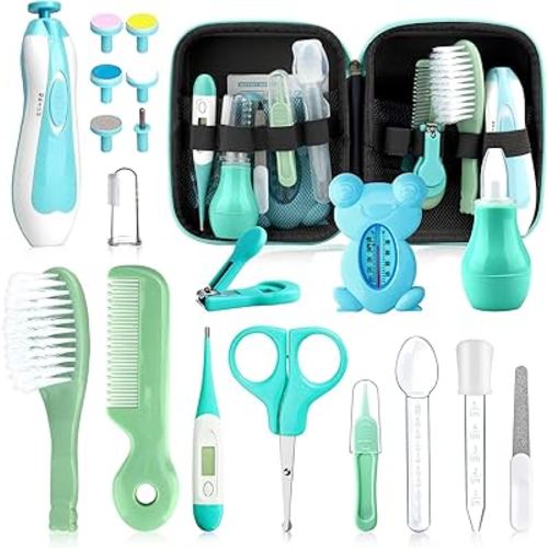 Baby Healthcare and Grooming Kit, 20 in 1 Portable Baby Safety Care Set with Hair Brush Comb Nasal Aspirator Electric Nail Trimmer Set Baby Essentials kit for Newborn Boys Girls (Green 20 in 1)