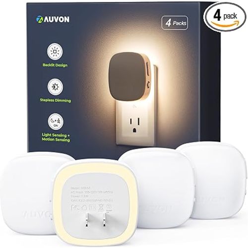 AUVON Plug-in LED Backlit Night Light 4 Packs, Motion & Dusk to Dawn Sensor