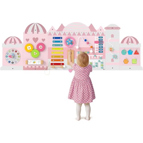 Olakids 11-in-1 Montessori Busy Board, Pink Castle Sensory Wall for Toddlers