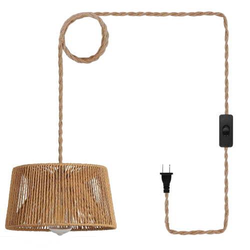 Plug in Pendant Light: Boho Hanging Lamp , Rattan Hanging Lights with Plug in 14.7ft Cord,Pendant Lamp for Living Room, Bedroom, Dining Room, Kitchen, E26 Base, No Bulb ﻿